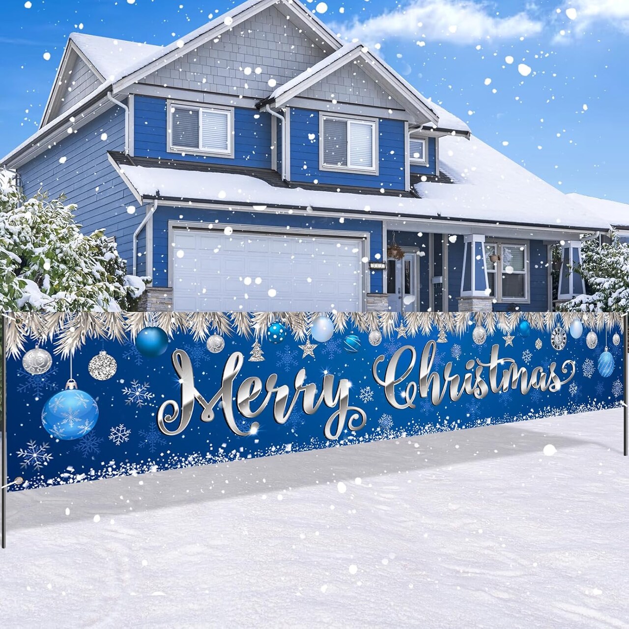 Blue Merry Christmas Large Banner Decorations, Xmas Outdoor Indoor Decorations(Blue)98"L x 17"W
